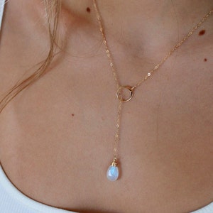 Long Gem drop necklace, rainbow moonstone Y necklace, custom birthstone lariat necklace, birthday gift for her, handmade jewelry gift