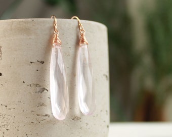 Rose Quartz statement earrings, long crystal earrings, gemstone earrings, pink gemstone earrings handmade jewelry, mothers day gift for her