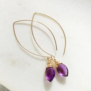 Amethyst dangle earrings, handmade amethyst gemstone earrings, february birthstone jewelry gift for women, long earrings, open hoops
