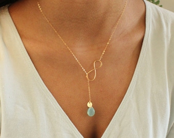 Long gem drop Y necklaces for women, personalized infinity necklace, birthstone lariat necklace with initial, customizable jewelry gift