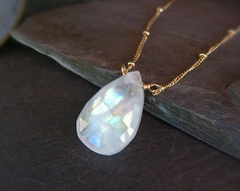 Moonstone pendant necklace, large rainbow moonstone necklace, June birthstone jewelry, birthday gift for wife, graduation gift for her