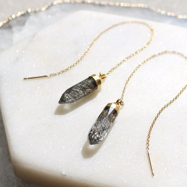 Long gold filled chain threader earrings, black rutilated quartz, minimal crystal earrings, pull through gemstone threaders, dainty earrings