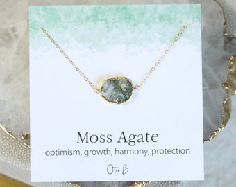 Moss agate pendant necklace, gold edge gemstone slice necklace, healing stone boho jewelry gift for women, crystal necklace, gift for her