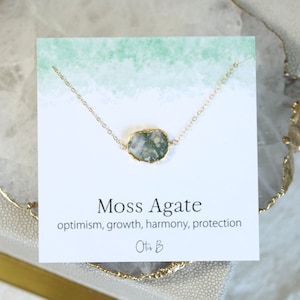 Moss agate pendant necklace, gold edge gemstone slice necklace, healing stone boho jewelry gift for women, crystal necklace, gift for her