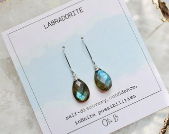 Dangling Labradorite drop earrings, dangling labradorite teardrop gemstone earrings, 925 silver 14k GF, wire wrapped stones, blue flash fire