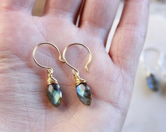 Dainty labradorite dangling earrings, wire wrapped gemstone artisan made hook earrings, tiny hoops with gemstones, sterling silver gold fill