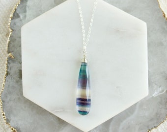 Long fluorite necklace, colorful banded rainbow fluorite pendant necklace, gift for her, crystal jewelry, green purple gemstone jewelry