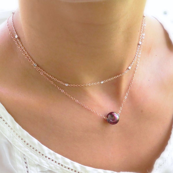 Simple floating pearl necklace,  everyday freshwater pearl jewelry, bridesmaid gift, black purple peacock pearl, natural freshwater pearls