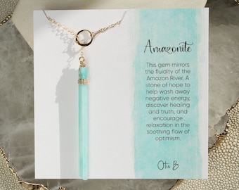 Amazonite Y necklace, long amazonite stick pendant, lariat necklace, no clasp, 925 silver, 14K GF, emotional healing crystals, long necklace