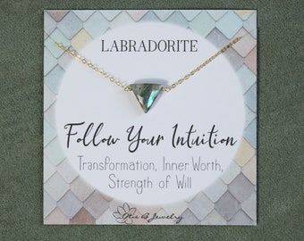 Labradorite stone necklace, triangular gemstone necklace, dainty gemstone pendant, layering gem necklace, blue green flash, healing stones