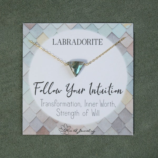 Labradorite stone necklace, triangular gemstone necklace, dainty gemstone pendant, layering gem necklace, blue green flash, healing stones