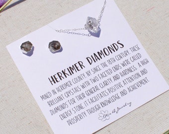 Herkimer diamond necklace & earring set, raw diamond jewelry, herkimer diamond crystal necklace, birthstone jewelry gift set for her,