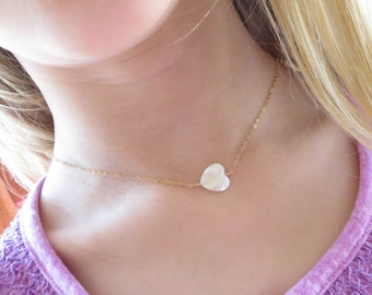 Mother of pearl heart necklace for girls, adjustable necklace, Flower girl, kindergarten graduation, simple necklace for child, 925 silver