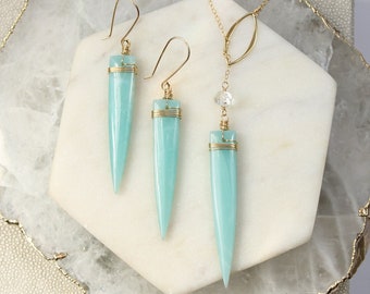 Long Amazonite necklace and earring set, matching set, long Y necklace, crystal point earrings, natural stone jewelry, boho gift for her