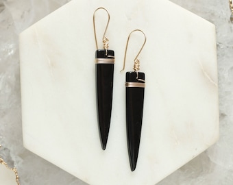 Obsidian dangle earrings, edgy black stone earrings, wire wrapped obsidian stone earrings, triangular earrings, long geometric earrings