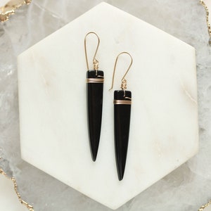 Obsidian dangle earrings, edgy black stone earrings, wire wrapped obsidian stone earrings, triangular earrings, long geometric earrings