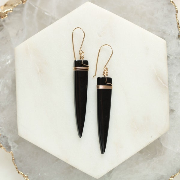 Obsidian dangle earrings, edgy black stone earrings, wire wrapped obsidian stone earrings, triangular earrings, long geometric earrings