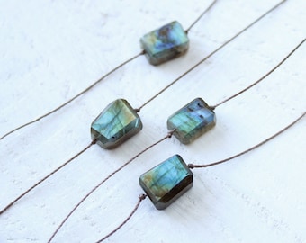 Raw labradorite stone necklace, minimal cord necklace, unisex jewelry, healing stone boho gift for her, geometric gemstone, square gemstone