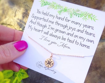 Compass necklace for mom, mother of the bride gift idea, jewelry for mom, rose gold compass necklace on poem card, inspirational jewelry