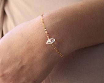 Delicate crystal bracelet, Herkimer diamond, Bridal jewelry, Bridesmaid gift, april birthday, dainty paperclip chain bracelet, adjustable