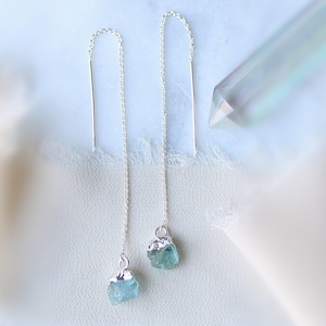 Raw stone earrings, crystal drop earrings, raw gemstone threaders, sterling silver thread through earrings, aquamarine earrings, custom gem