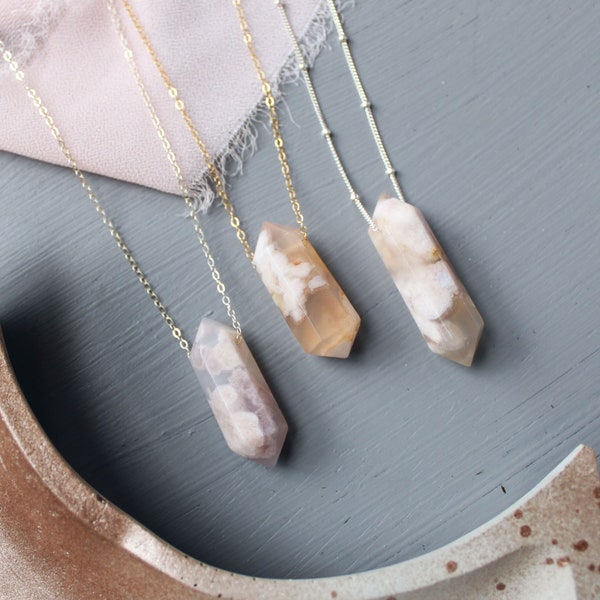 Flower agate necklace, cherry blossom agate crystal pendant necklace, crystal point necklace, Healing stone necklace, sakura agate necklace
