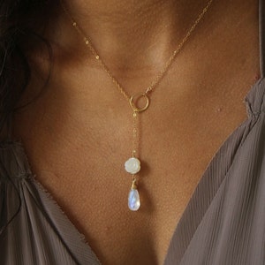 Bridesmaid gift, long moonstone Y necklace, no clasp, romantic lariat necklace, eternity circle, wire wrapped gem drop, bridal jewelry