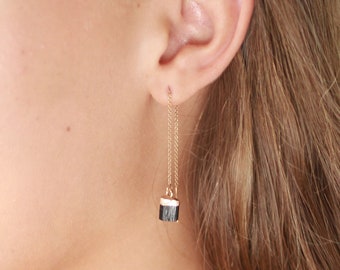 Raw black tourmaline dangle earrings, gold filled threader earrings, thread through crystal earrings, long dangling raw crystal earrings