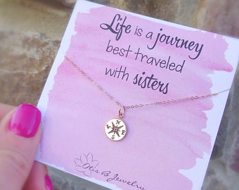 Compass charm necklace, gifts for sisters, friendship necklace, soul sister necklace, compass necklace on quote card, rose gold compass