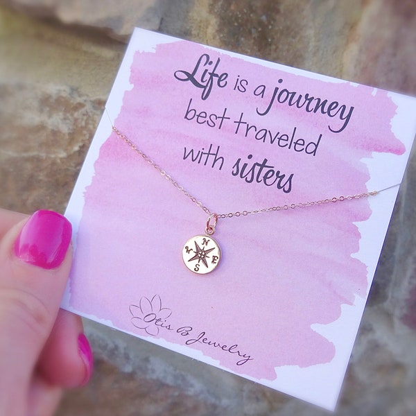 Compass charm necklace, gifts for sisters, friendship necklace, soul sister necklace, compass necklace on quote card, rose gold compass