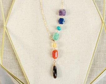 Raw Gemstone 7 Chakra necklace, natural stone chakra Y necklace,925 silver, 14K GF, adjustable, long gemstone necklace, rainbow necklace