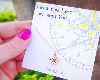 Lost without you neckace, compass charm necklace on card, meaningful gift for friends, sister necklaces, friendship necklace, gift for her