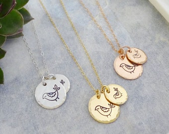 Mama bird charm necklace, hand stamped coin tag necklace for mothers day, gift for mom, 925 silver 14k GF rose gold, mom & baby necklace