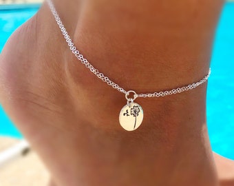 Dandelion charm anklet, sterling silver anklet, dainty ankle bracelet, dandelion seed charm, sorority sisters, dandelion flower jewelry