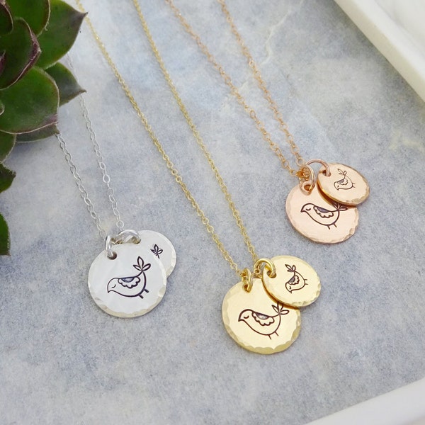 Mama bird charm necklace, hand stamped coin tag necklace for mothers day, gift for mom, 925 silver 14k GF rose gold, mom & baby necklace