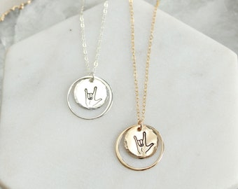 ASL I Love You necklace, sign language I love you sign, Mothers Day gift for her, sterling silver, gold filled, hand gesture necklace