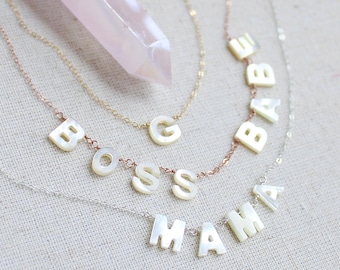 Custom name or word necklace, shell letter necklace, monogram necklaces for women, dainty initial necklace, Bridesmaid gift for her