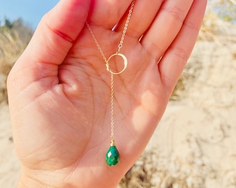 Raw emerald Y necklace, emerald necklace, may birthday gift for her, emerald drop necklace, may birthstone, long emerald necklace, Otis B