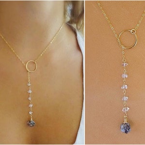 Herkimer Diamond necklace, raw crystal lariat necklace, raw diamond, long crystal Y necklace, april birthstone, aries gift for her, Otis B