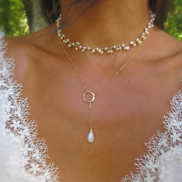 Moonstone jewelry, moonstone necklace, moonstone lariat, CUSTOMIZABLE gemstone necklace, gem drop necklace, rainbow moonstone necklace
