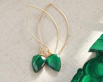Malachite earrings, Emerald green gemstone dangle earrings, 925 silver, 14k GF, open hoop earrings, may birthday gift, water resistant
