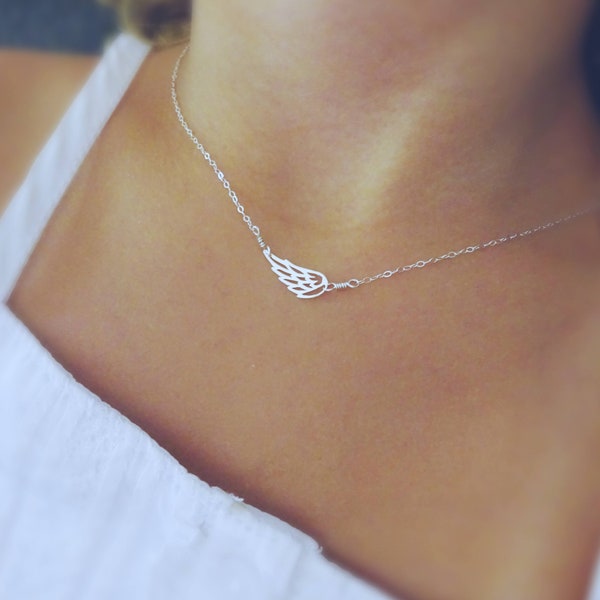 Little angel wing necklace, dainty Minimal angel wing necklace, little girl necklace, angel necklace, silver choker, wing charm necklace