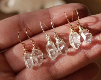 Dangling Herkimer diamond earrings, april birthstone earrings, herkimer crystal, sterling silver, gold filled, wrapped herkimer diamonds