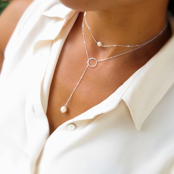 Delicate Pearl Y necklace, Long Pearl necklace, Lariat Necklace, 925 silver 14K GF, jewelry for bridesmaids, wedding jewelry for bride