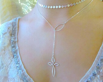 Silver y necklace, cross necklace, lariat necklace with cross, crucifix charm, inspirational jewelry, layering necklace, layered necklace