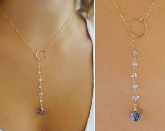 Herkimer Diamond necklace, raw crystal lariat necklace, raw diamond, long crystal Y necklace, april birthstone, aries gift for her, Otis B