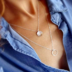 Sterling Silver Layered Necklace Set: Hammered Disc & Circle Charm