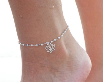 Pearl ankle bracelet, lotus charm anklet, birthday gift for her, waterlily, yoga jewelry, handmade adjustable ankle chain, bridesmaid gift