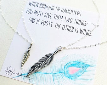 Mother Daughter matching two necklace set, feather charm necklaces, kindergarten graduation jewelry gift for girls, sterling silver