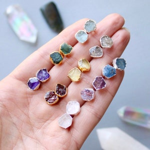 RAW Gemstone Stud Earrings Small Crystal Earrings Raw Stone Post Earrings Dainty Birthstone Studs Rough Gemstone Jewelry Boho Jewelry Etsy UK